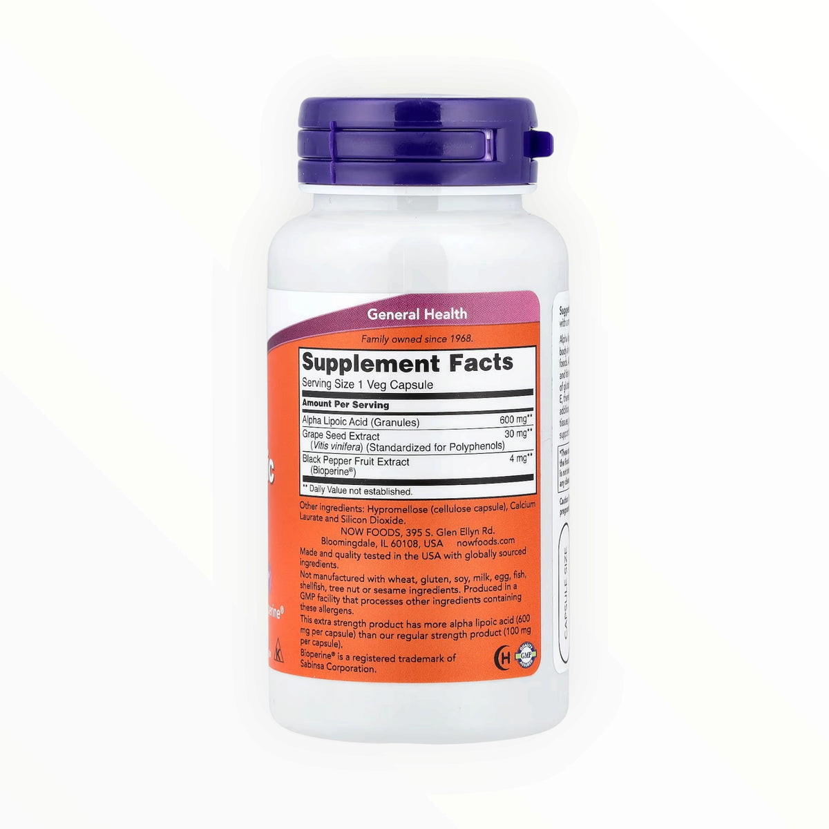 NOW Foods Alpha Lipoic Acid 600mg – Extra Strength Antioxidant Support | With Grape Seed Extract & BioPerine | 60 Veg Capsules