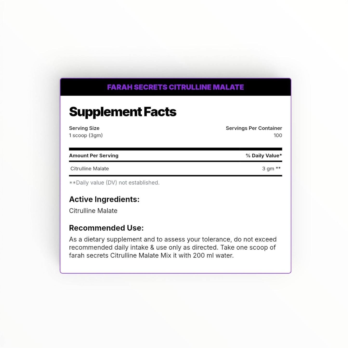 Farah Secrets Citrulline Malate 300g | Unflavored | 100 Servings | Nitric Oxide & Muscle Pump