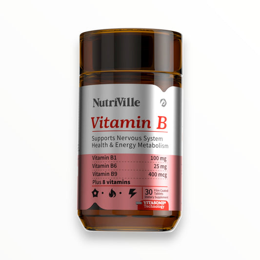 NutriVille Vitamin B Complex – 30 Tablets | B1, B6, B9 & 8 Vitamins | Energy Metabolism & Nervous System Support