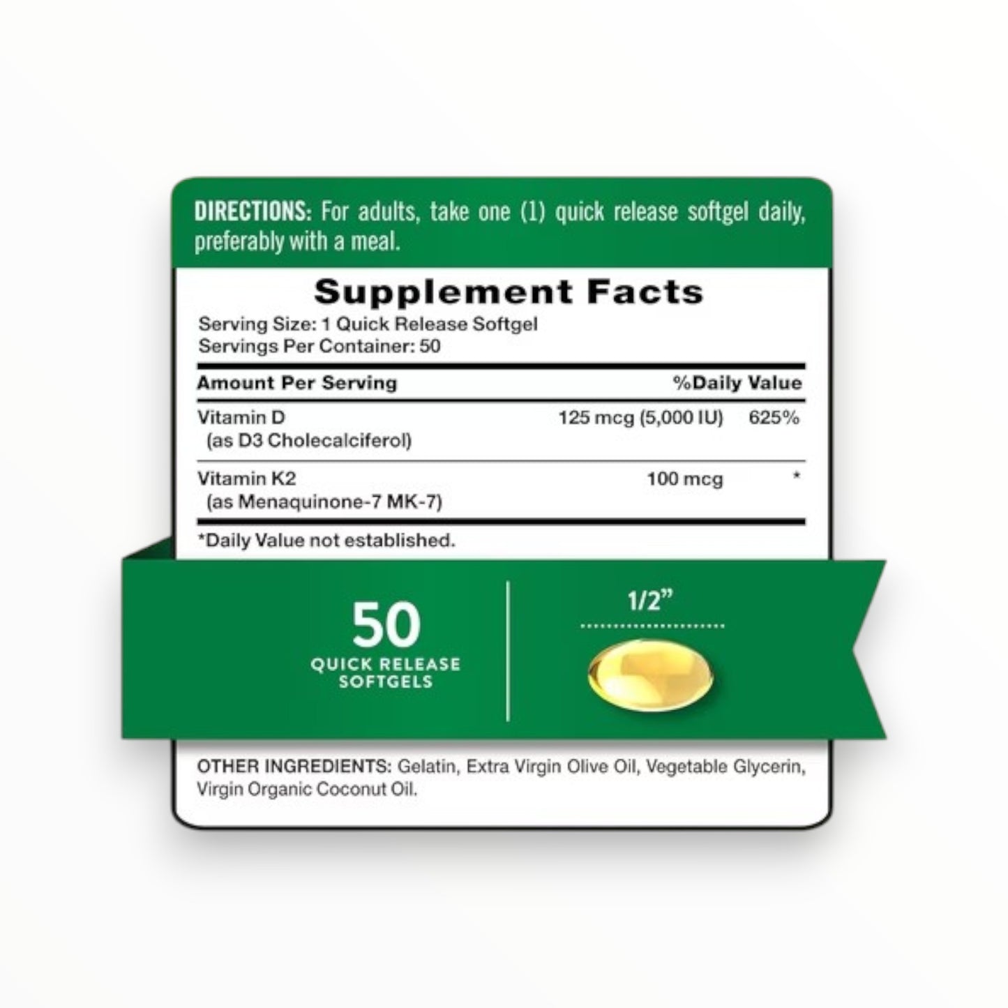 Nature’s Truth Ultra Vitamin D3 + K2 | 5000 IU D3 + 100 mcg K2 MK-7 – 50 Softgels