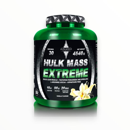 Azgard Hulk Mass Extreme is a high-calorie mass gainer supplement designed to support individuals aiming to increase muscle mass and overall body weight.