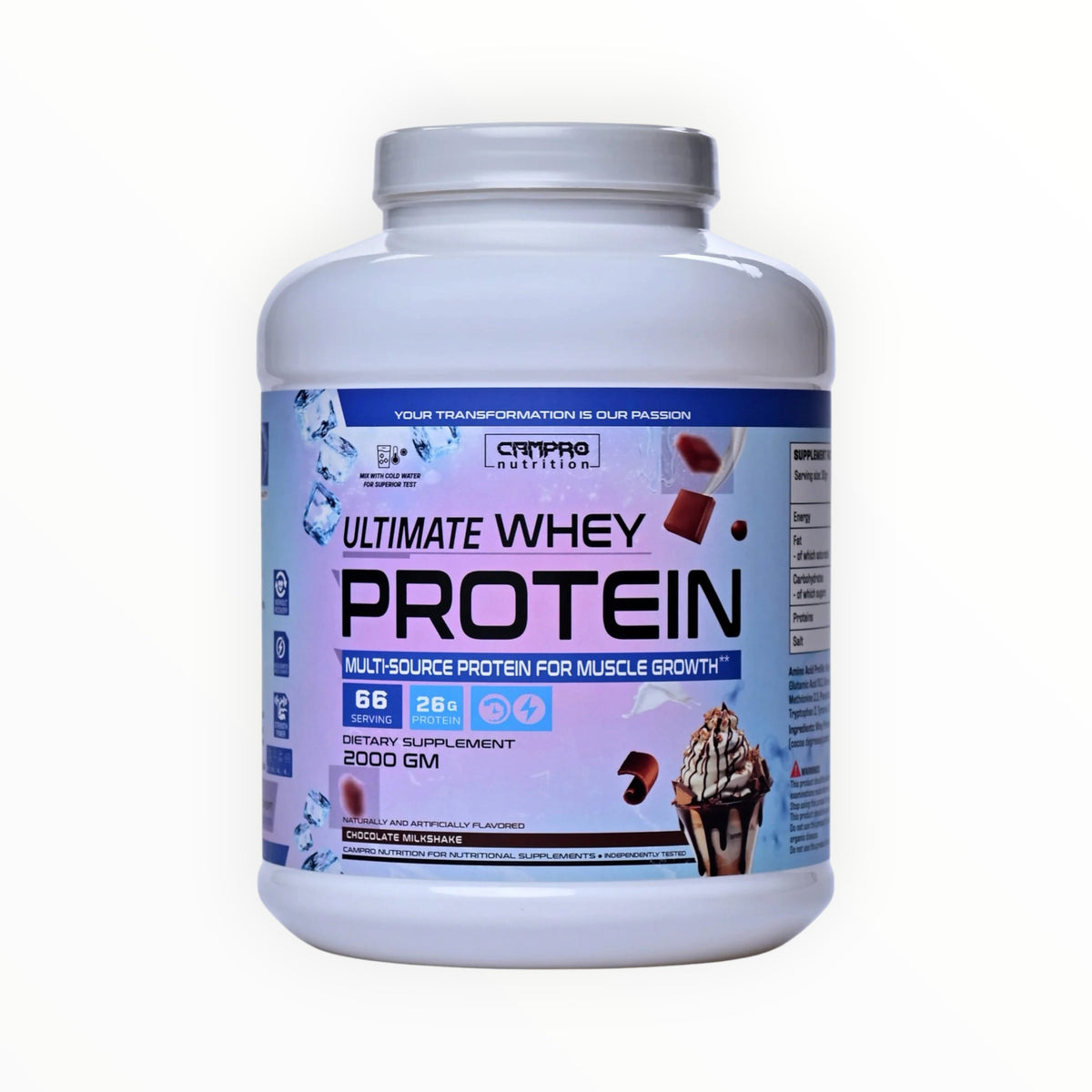 Campro Nutrition Ultimate Whey Protein 2KG – 26g Protein | 66 Servings | Chocolate Milkshake | Muscle Growth & Recovery