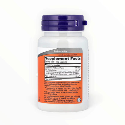 NOW Foods Glutathione 500mg – Antioxidant, Liver Health & Cellular Detox Support | With Milk Thistle & Alpha Lipoic Acid | 30 Veg Capsules