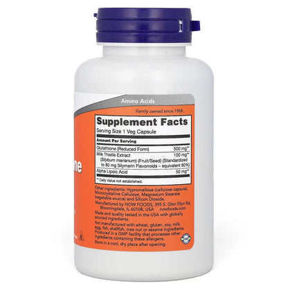NOW Foods Glutathione 500mg – Reduced Active Form | Antioxidant, Liver Health & Cellular Detox Support | With Milk Thistle & Alpha Lipoic Acid | 60 Veg Capsules