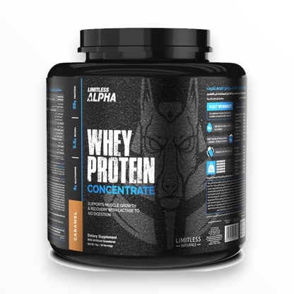 Limitless Alpha Whey Protein Concentrate 1KG – 25g Protein | 30 Servings | Caramel