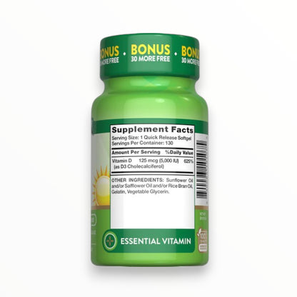 Nature’s Truth Vitamin D3 5000 IU (125 mcg) – 130 Quick Release Softgels | High Potency Vitamin D