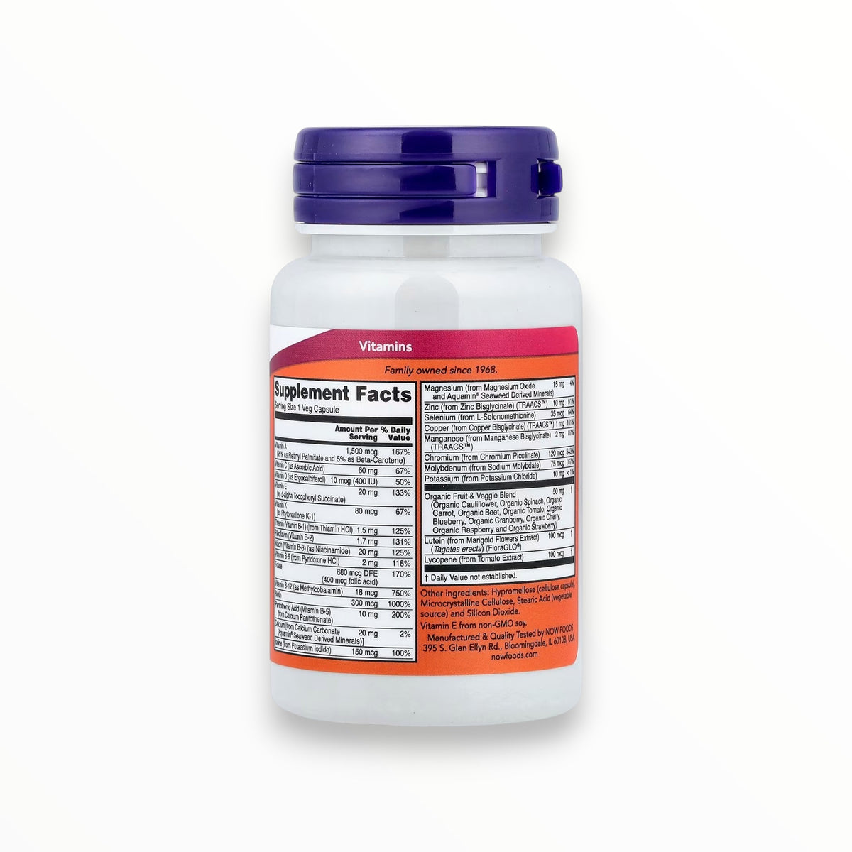 NOW Foods Daily Vits – Multivitamin & Mineral with Fruit & Veggie Blend, Lutein & Lycopene | 30 Veg Capsules