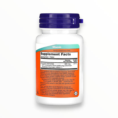 NOW Foods GTF Chromium 200mcg – Healthy Blood Sugar & Glucose Metabolism Support | Insulin Function & Carbohydrate Metabolism | 100 Tablets