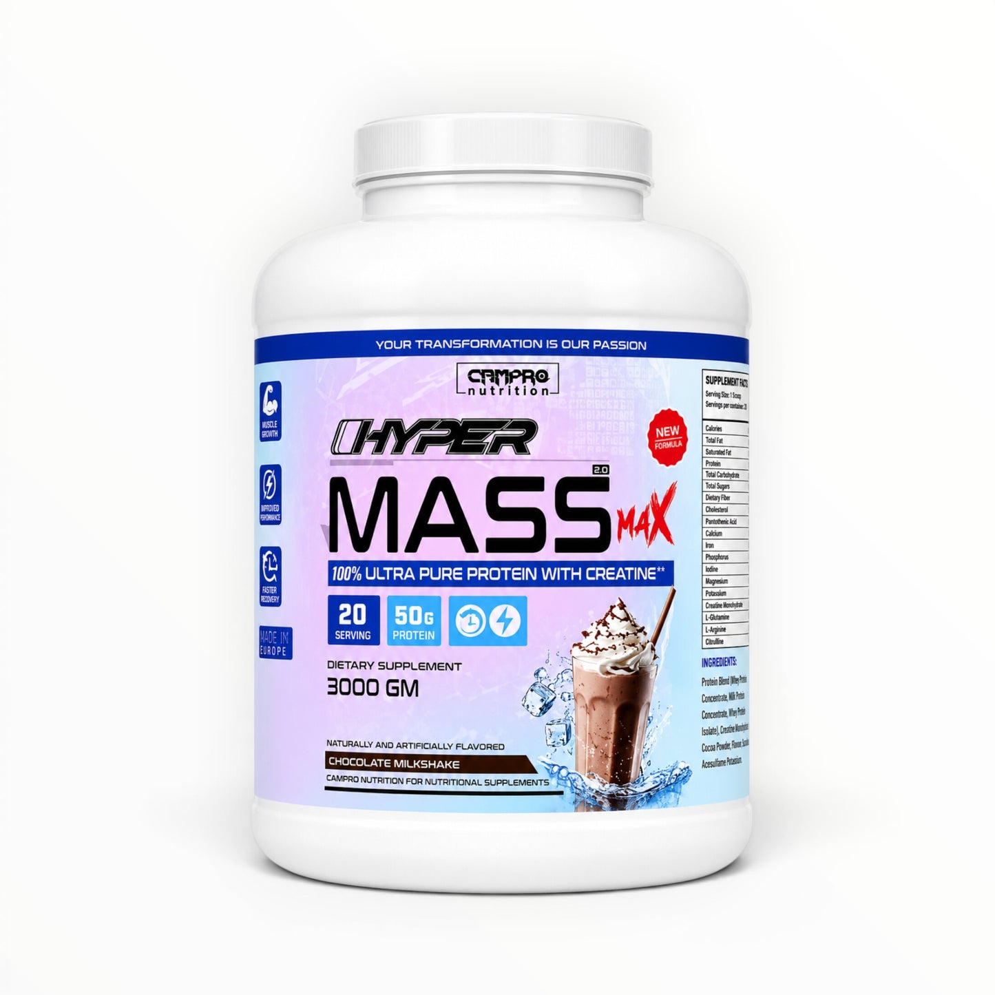 Campro Mass Gainer 3kg (20 Servings) | High-Calorie Gainer for Muscle Size, Strength & Fast Weight Gain|In Power Fit Supplements Egypt