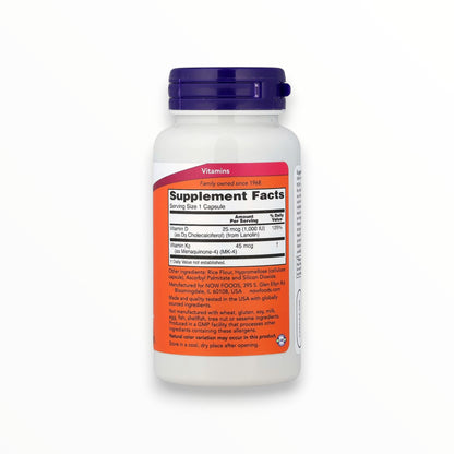 NOW Foods Vitamin D3 & K2 – 1,000 IU D3 + 45 mcg K2 for Bone & Cardiovascular Support | 120 Capsules