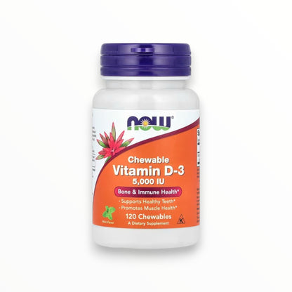 NOW Foods Vitamin D3 5,000 IU Chewable – Bone, Muscle & Immune Support | Mint Flavor | 120 Chewables