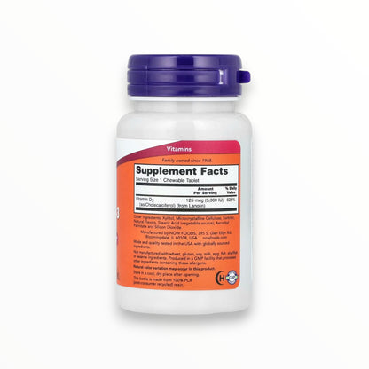 NOW Foods Vitamin D3 5,000 IU Chewable – Bone, Muscle & Immune Support | Mint Flavor | 120 Chewables