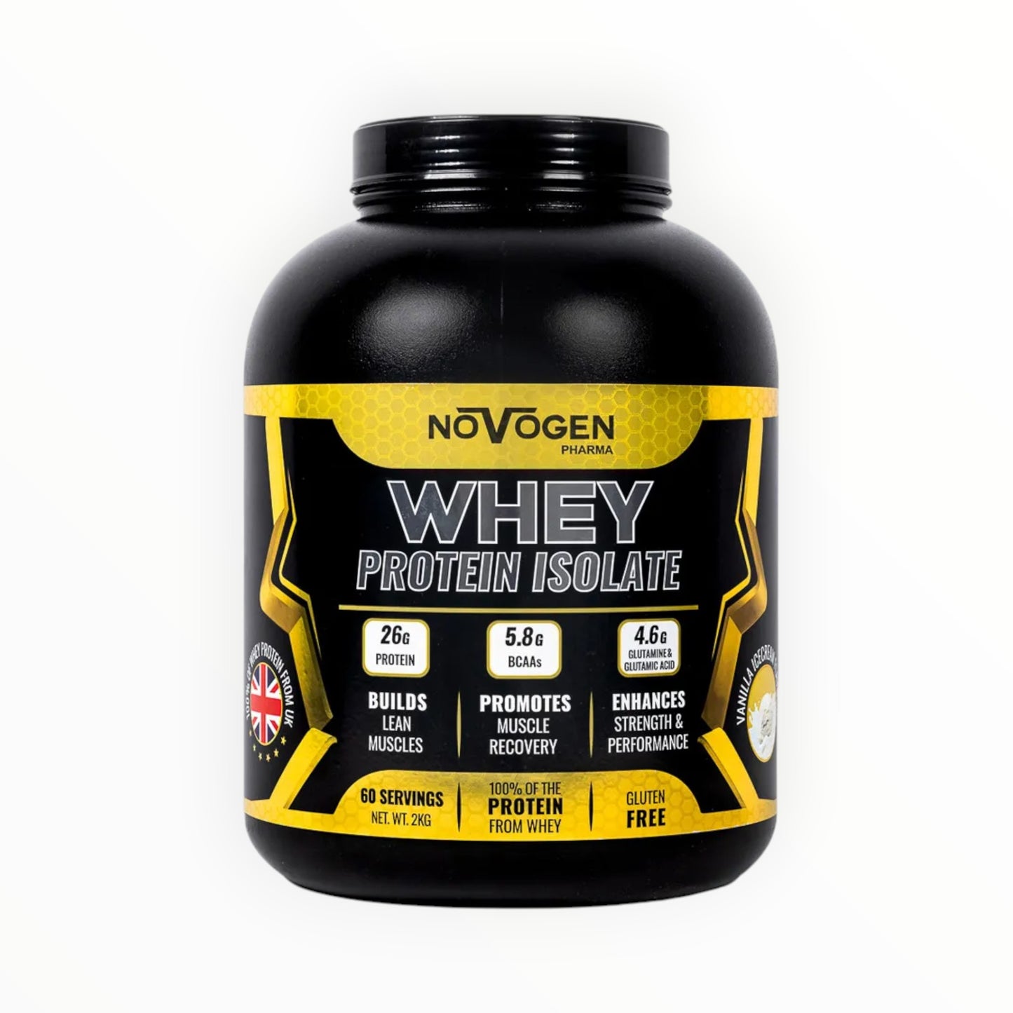 Novogen Pharma Whey Protein Isolate 2kg (60 Servings) – 26g Protein – 5.8g BCAAs – Gluten Free Whey Isolate Egypt