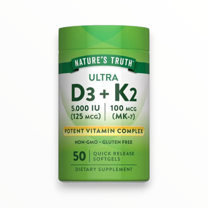 Nature’s Truth Ultra Vitamin D3 + K2 | 5000 IU D3 + 100 mcg K2 MK-7 – 50 Softgels