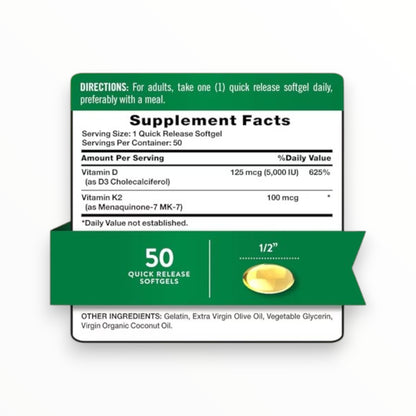Nature’s Truth Ultra Vitamin D3 + K2 | 5000 IU D3 + 100 mcg K2 MK-7 – 50 Softgels