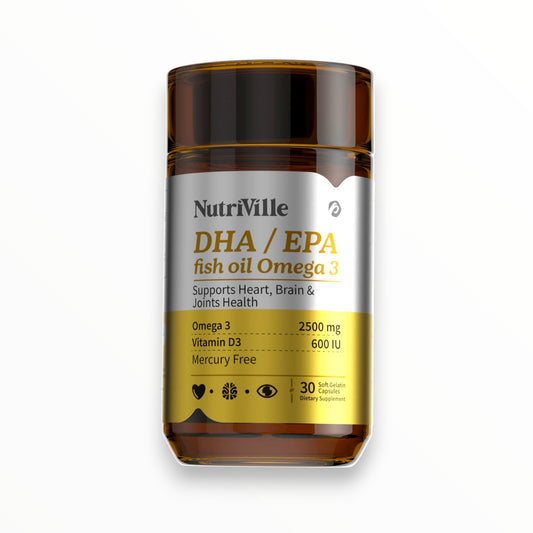 NutriVille DHA/EPA Fish Oil Omega-3 – 2500mg Omega-3 + Vitamin D3 600 IU | Heart, Brain & Joint Support | 30 Softgels