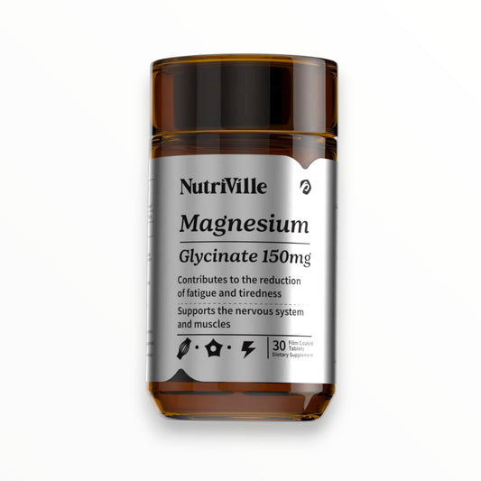 NutriVille Magnesium Glycinate 150mg – Muscle, Nervous System & Fatigue Support | High-Absorption Magnesium | 30 Tablets