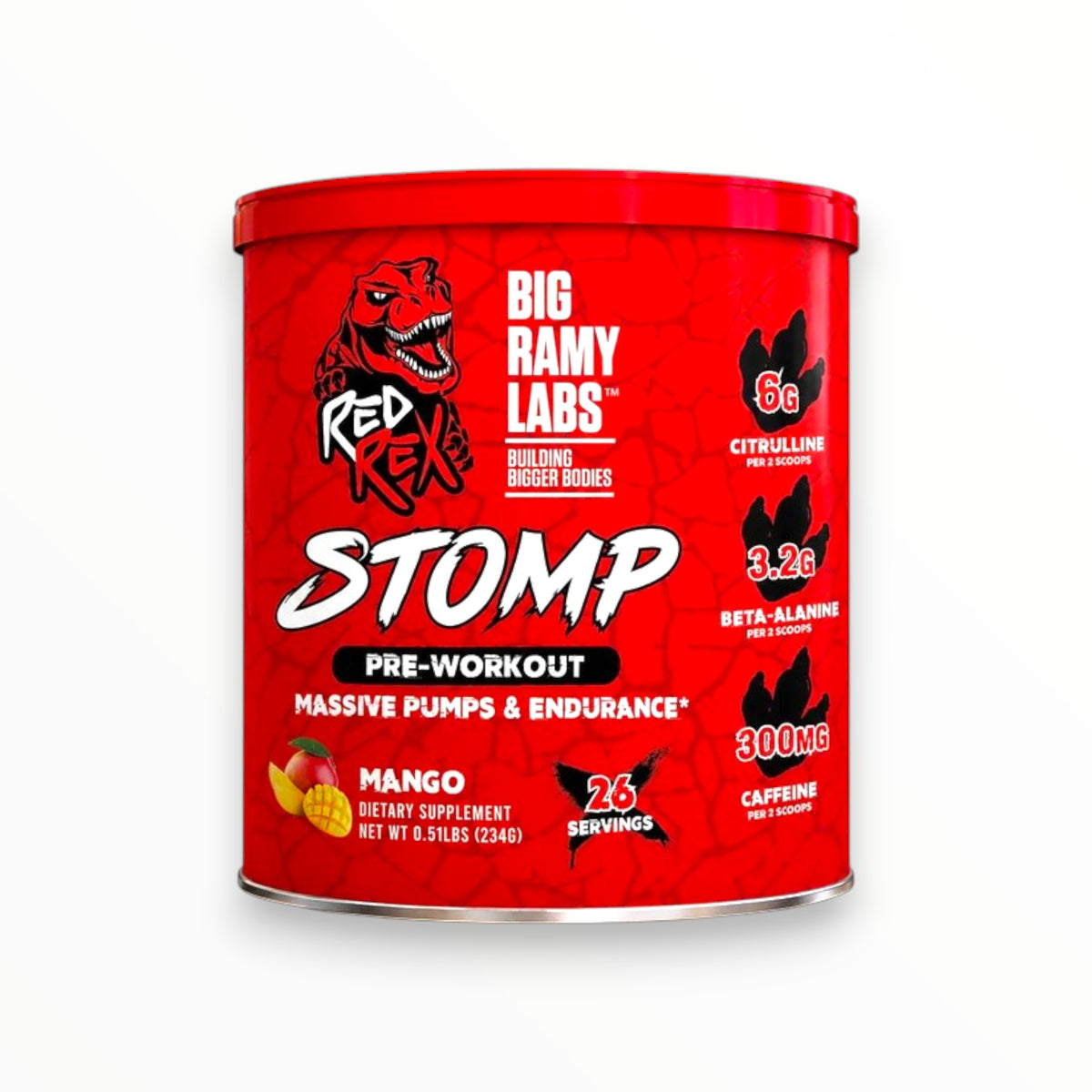 Big Ramy Labs Red Rex Stomp Pre-Workout 234g – 300mg Caffeine, Citrulline & Beta-Alanine | Energy, Pumps & Endurance | Mango | 26 Servings